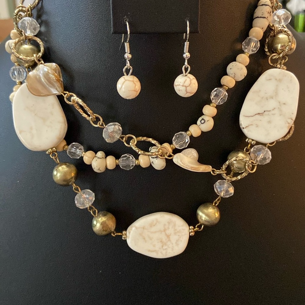 Lovely Three-Strand Beaded Necklace + Earrings